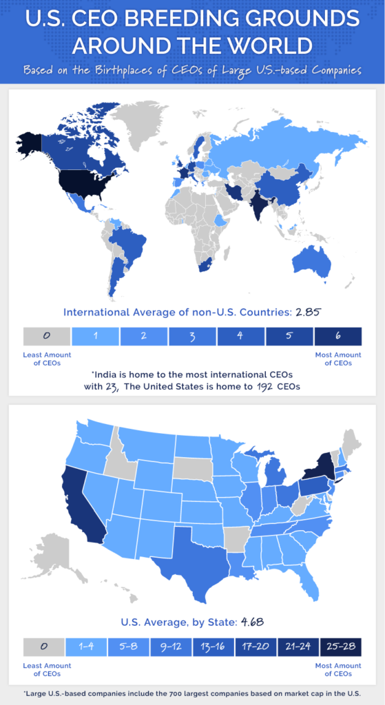 A world and U.S. map showing the countries and states home to the most CEOs